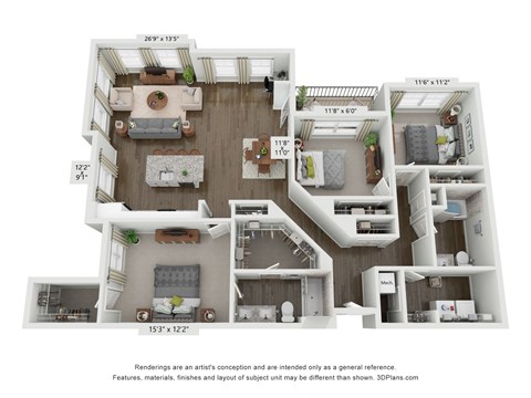 Floor plan for 3 beds, 2 baths, 1609 sqft